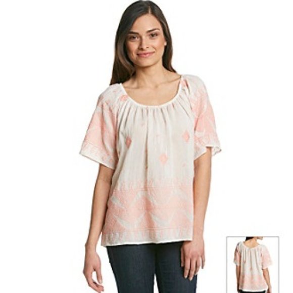 bobeau Tops - NEW Bobeau Peasant Blouse Womens Ivory Pink Embroidered Ganado Gypsy P3355